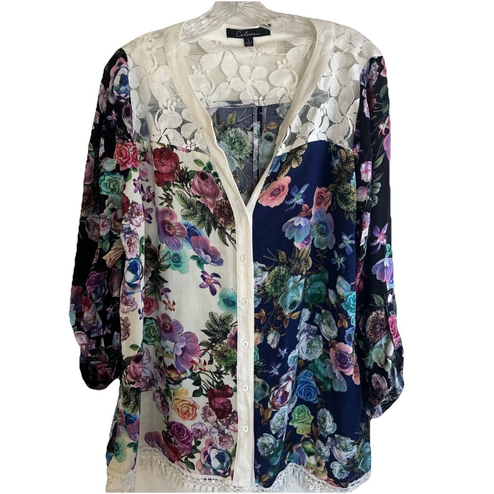 Caleesa Floral Cottagecore Lace‎ Fringe Conv Sleeve Sz Large